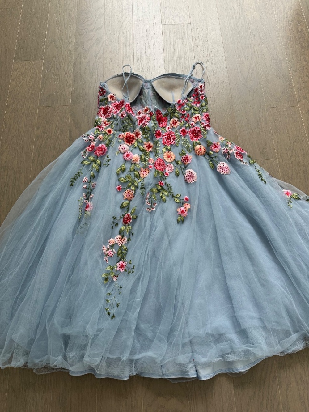 Ieena for Mac Duggal Powder Blue Tulle Midi Dress Embroidered Roses Bustier - 14 - Picture 8 of 11